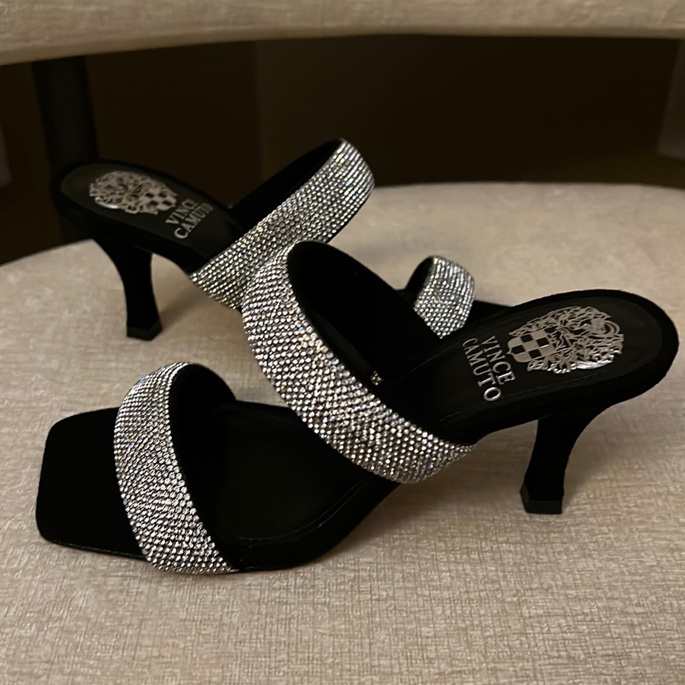 NWT Vince Camuto Sparkling Crystal Aslee2 Slide Heel Sandal Black Rhinestone - Picture 3 of 9
